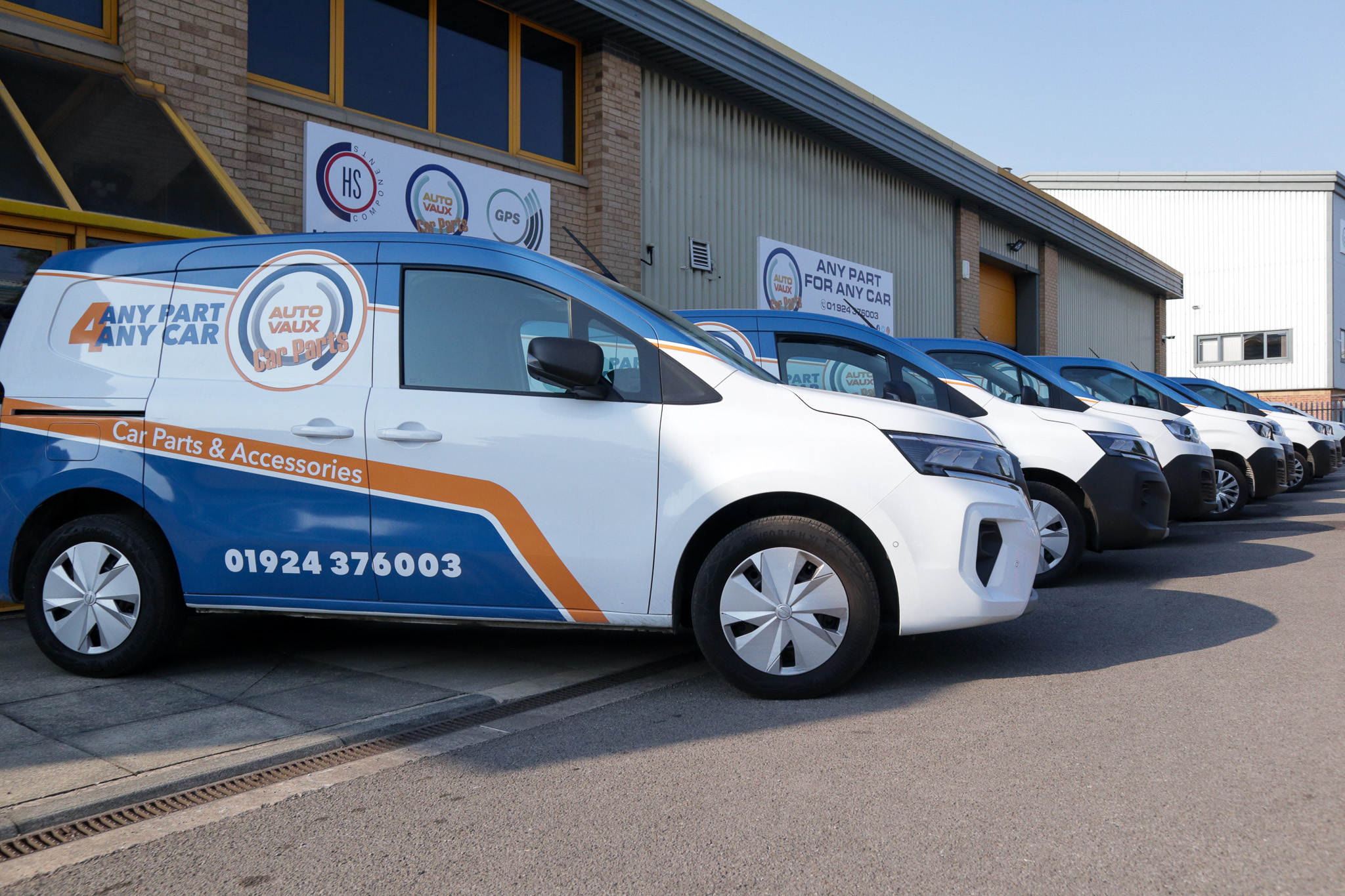 Autovaux Car Parts Dewsbury branch and dispatch centre, with 5 local delivery vans.