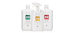 Autoglym Exterior car cleaning products on a white background, including vinyl and rubber care, super resin polish, bodywork shampoo and conditioner.