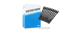 Victor Reinz Head Bolts floating infront of their packaging on a white background.
